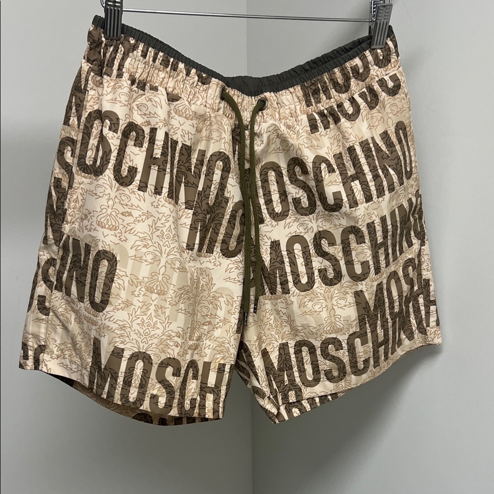 Moschino Cream and Brown Logo Print Shorts